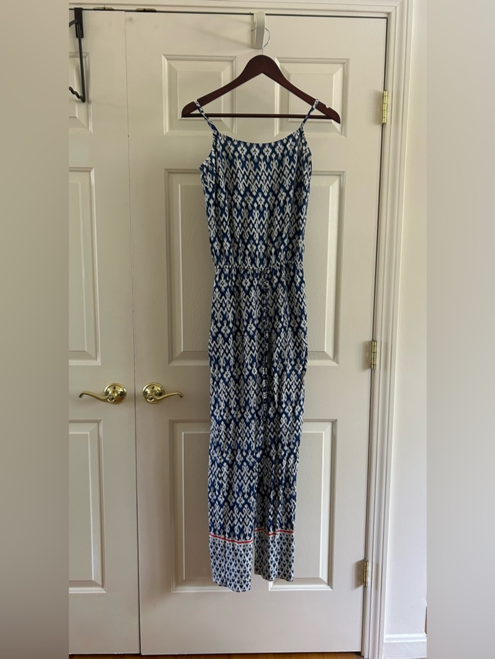 Blue and White Patterned Spaghetti Strap Jumpsuit